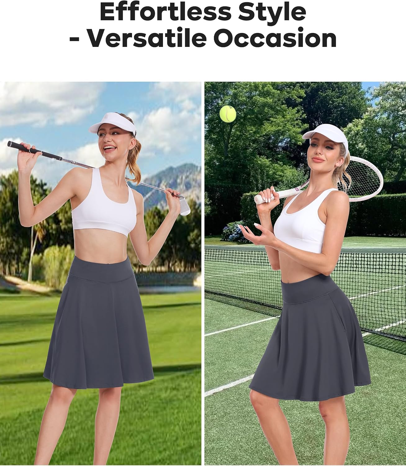 Detalle de Desol 50cm Tennisrock Damen mit Hose – knie-lang, Hohe Taille, 4 Taschen, 2-in-1 Shortsrock