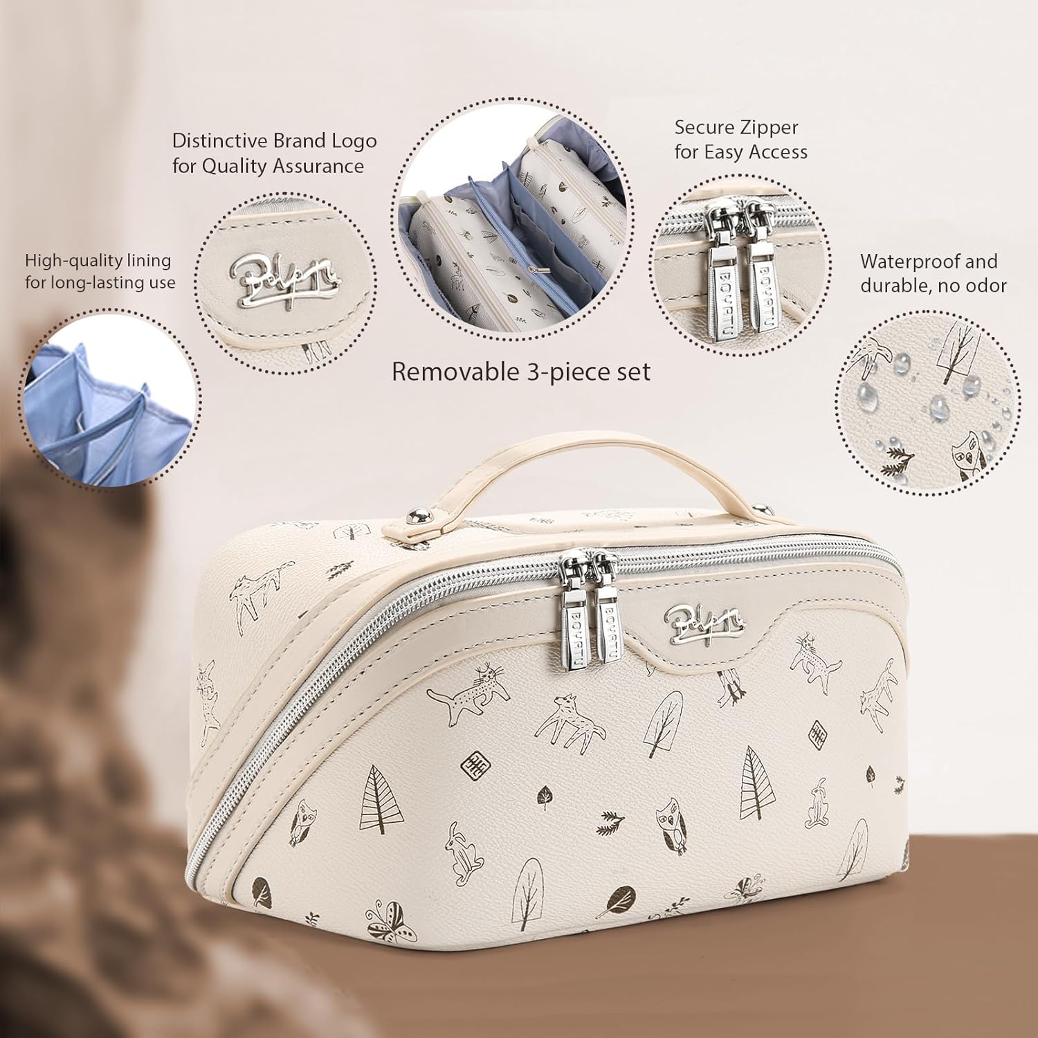 Detalle de BOYATU 3-Piece Travel Makeup Bag Set in PU Leather