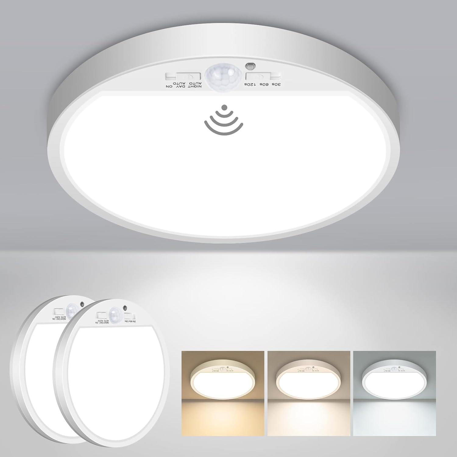 Detalle de slochi 2er-Set Deckenlampen mit Bewegungsmelder innen (15 W, 1.500 lm) – PIR-Sensor & 3 Farbtemperaturen