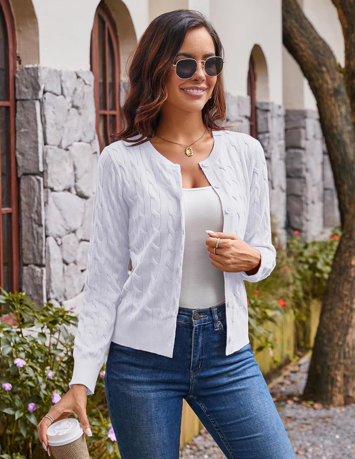 Detalle de GRACE KARIN Cable Knit Cardigan for Women, Lightweight Cropped Button-Front