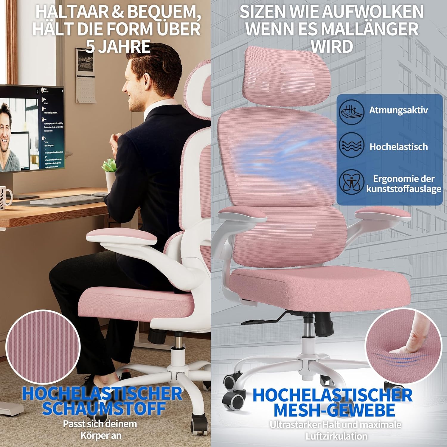Thumbnail 6 de TRALT Bürostuhl ergonomisch mit verstellbarer Lordosenstütze, Kopfstütze und 150 kg Tragkraft – rosa