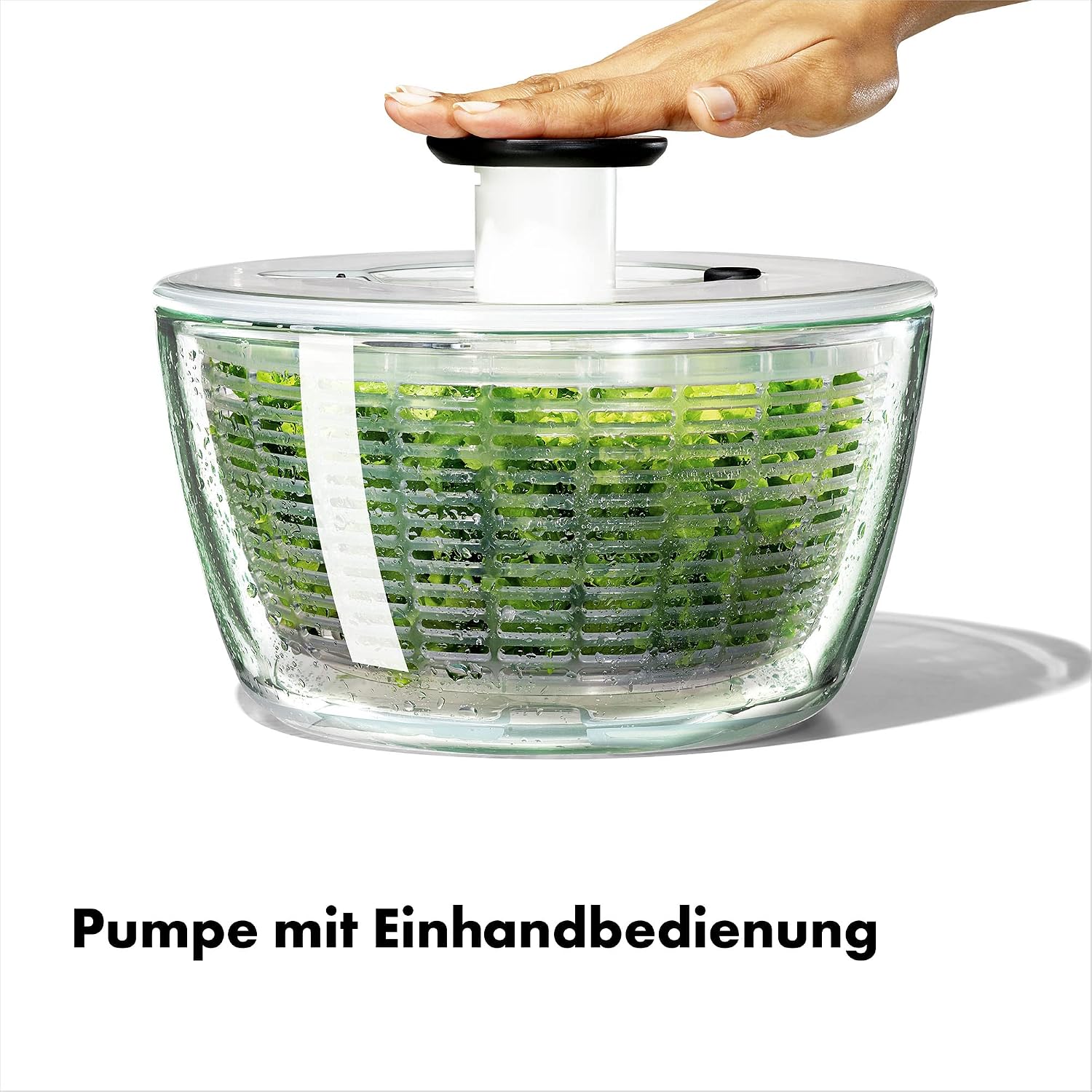 Detalle de OXO Good Grips Salatschleuder aus Glas mit Einhand-Pumpe und integrierter Bremse