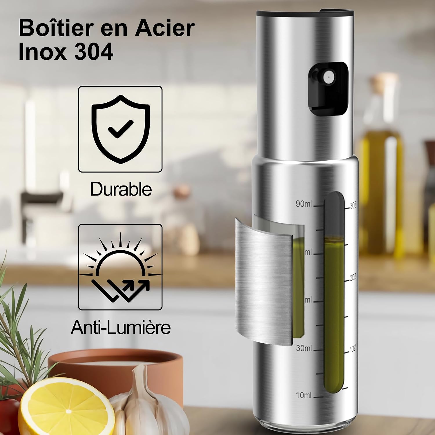 Detalle 2 de KitchenBoss Spray Huile Cuisine Pulverisateur 100ml (2 pièces) – Inox et Verre, pulvérisation précise