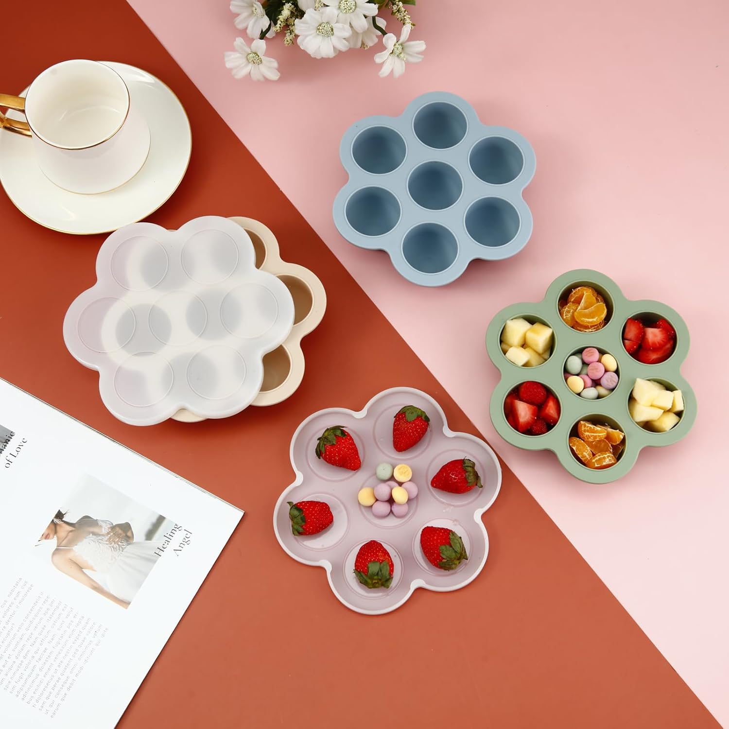 Thumbnail 2 de PandaEar 3 Pack Silicone Baby Food Freezer Tray with Lids (7 pods, non-stick) – Blue/Green/Carnation