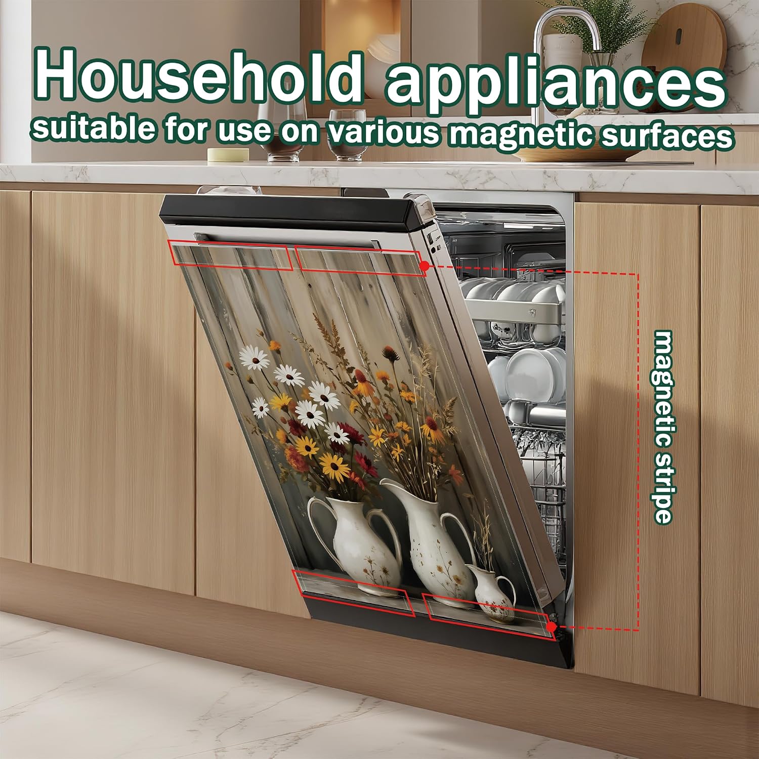 Detalle de GYYGOO DC-0320 Vintage Flowers Magnetic Dishwasher Cover, 23 x 26 Inches