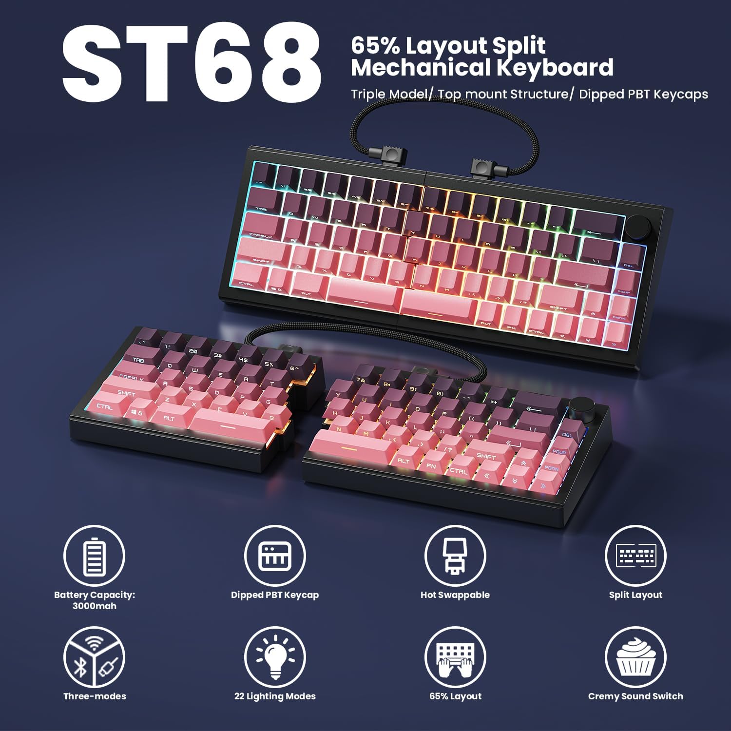 Detalle de ZORNHER ST68 Wireless Ergonomic Split Mechanical Keyboard (65%), Pink & Purple Creamy Keycaps with Knob