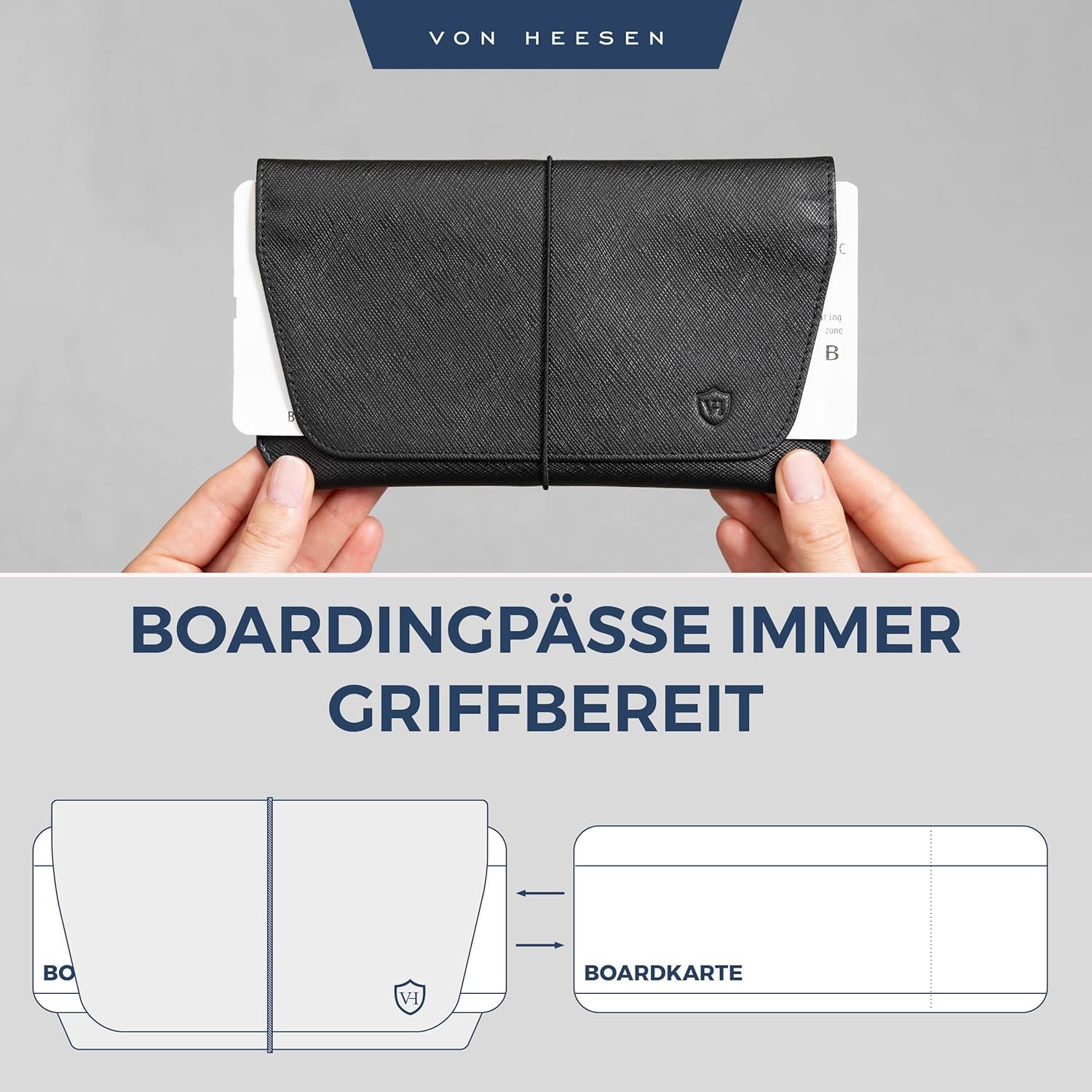Detalle de VON HEESEN Leder-Reisepasshülle mit RFID-Schutz – Passport-Organizer aus Nappaleder (Saffiano Schwarz)