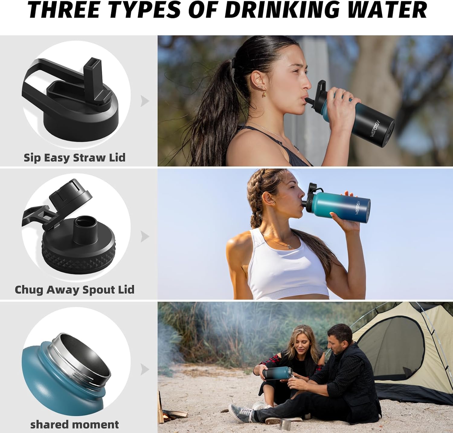 Thumbnail 2 de WATERSY 64oz Insulated Water Bottle (Cold 48 Hours) — BPA-Free, Leak-Proof Half-Gallon Flask with Straw Lids