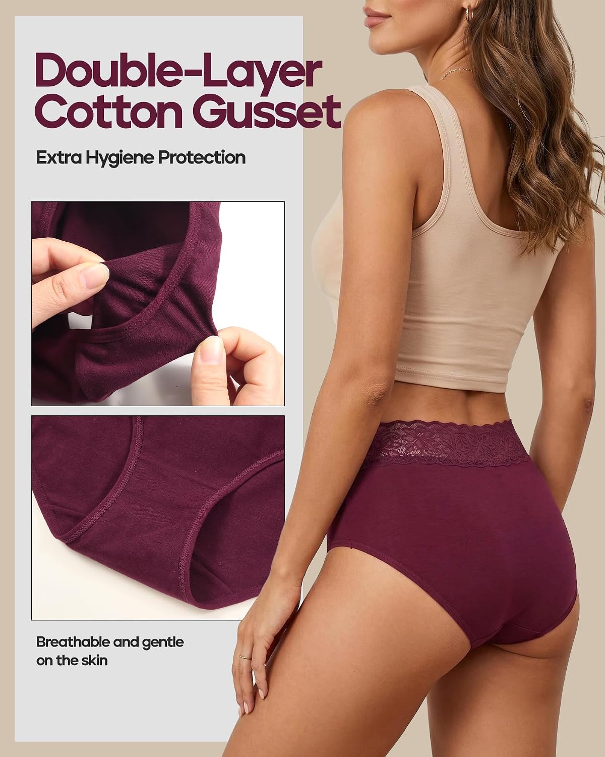 Detalle 2 de ALTHEANRAY High-Waisted Cotton Lace Panties, Full-Coverage Brief