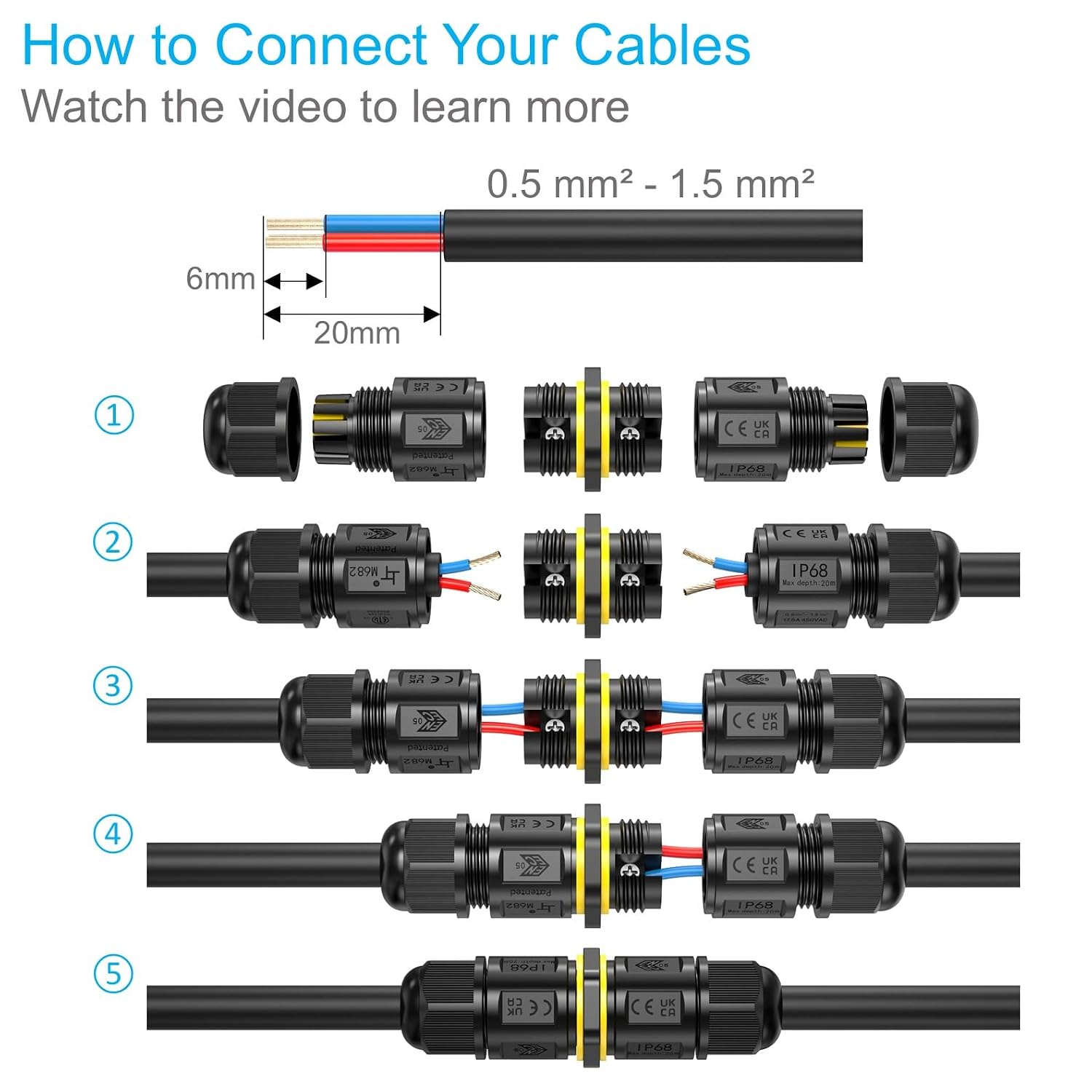 Detalle de EASERIA 17.5A (Normal) IP68-kabelconnector, 3-polig, voor kabels van 3–9 mm