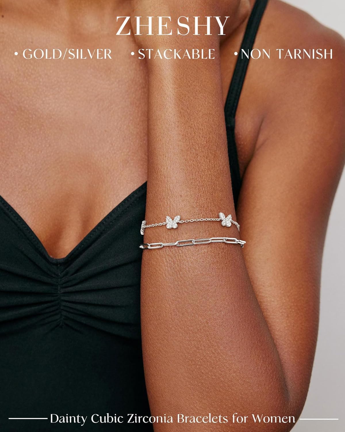 Thumbnail 6 de Bracelet femme ZHESHY argent 925 plaqué or 14k, réglable avec trèfle à 4 feuilles, croix et cœur en zircon