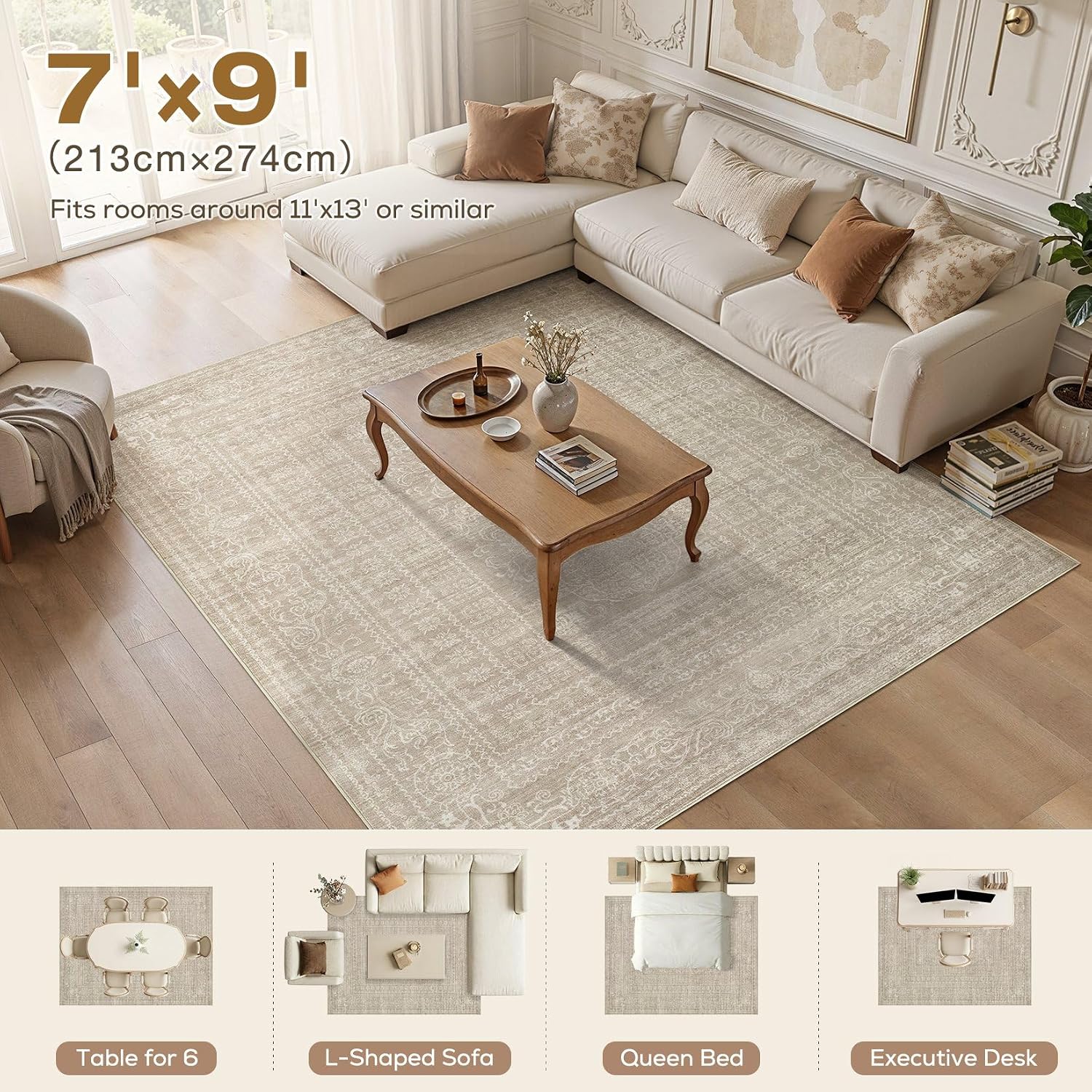 Detalle de Nakagishi Neutral 7' x 9' Brown Washable Low-Pile Area Rug