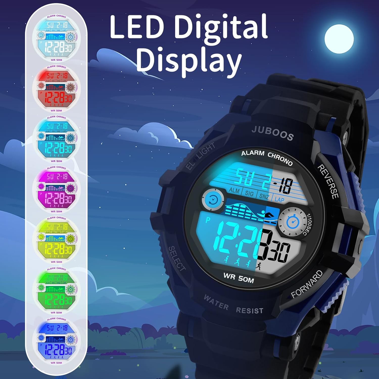 Thumbnail 3 de Juboos Kinder Digitaluhr Jungen Mädchen – 7 Farben LED, 30m wasserdicht, Alarm & Stoppuhr