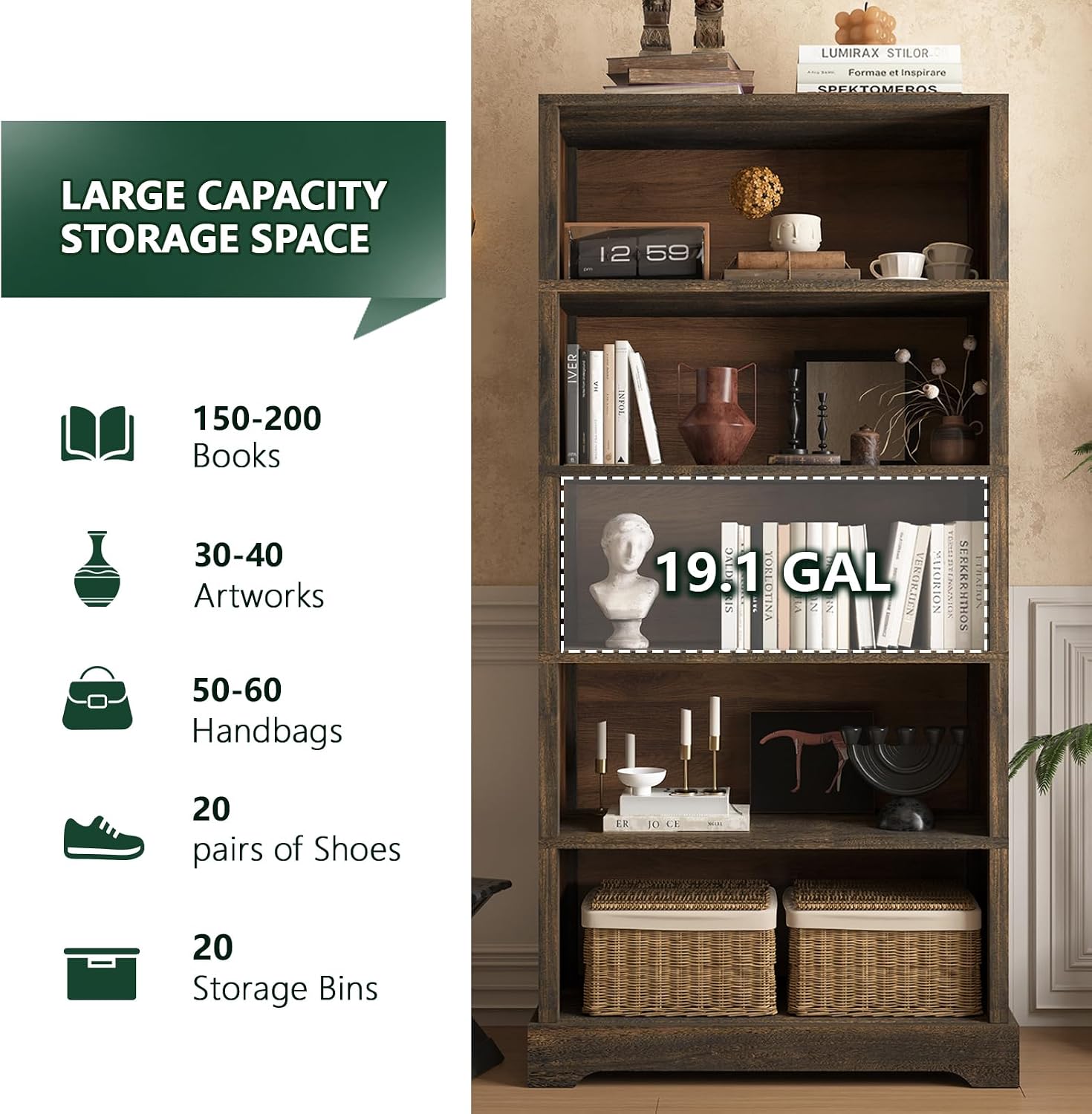 Detalle 2 de TVU 5-Tier Solid Wood Book Shelf (Walnut) — Floor-Standing 65" Farmhouse Bookcase