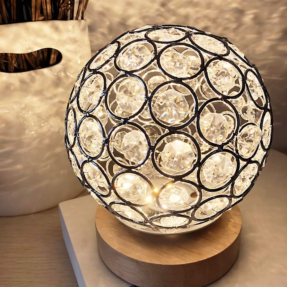 Detalle de MUCHER Crystal USB Table Lamp with Wooden Base – Silver Crystal Ball, Dimmable & USB-Charged