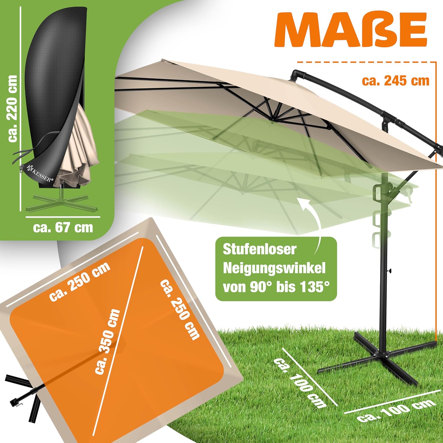 Thumbnail 1 de KESSER Sonnenschirm 250x250 cm – Kurbelschirm aus Aluminium, UV-Schutz, Windfest, Beige