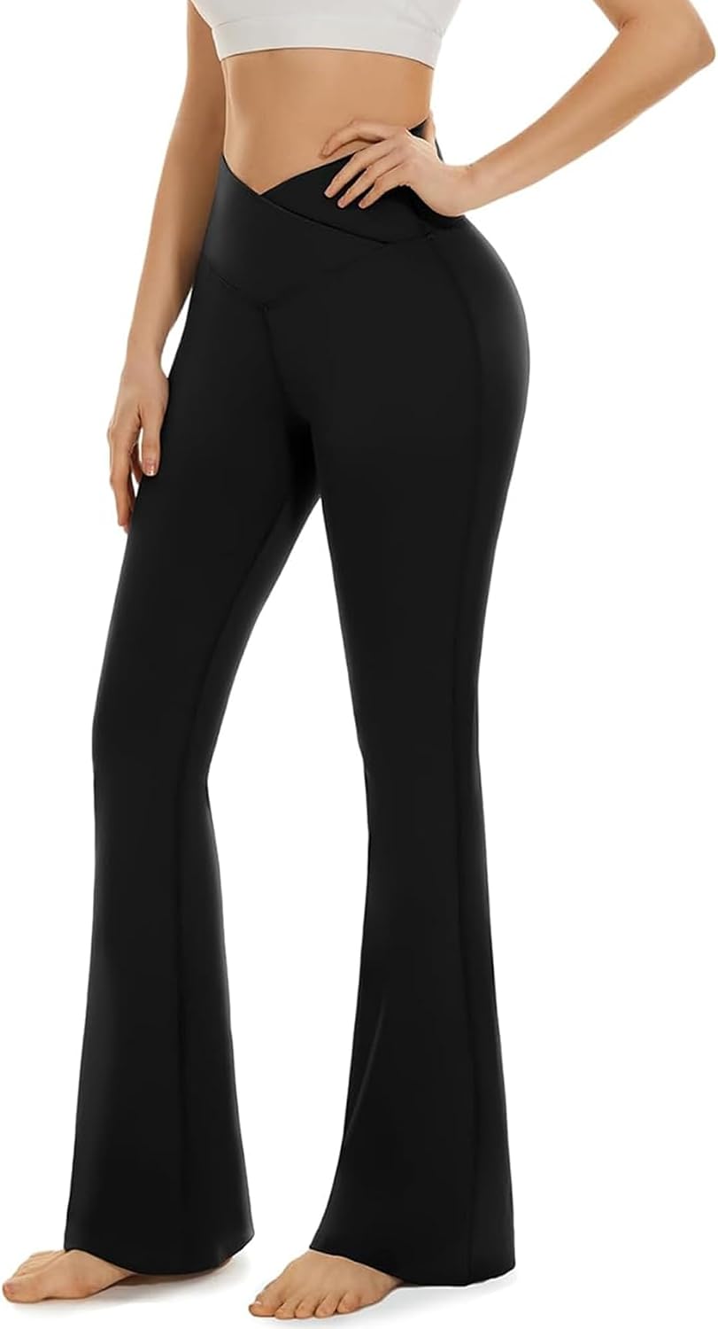 Detalle de BLONGW High-Waisted Flared Yoga Pants with Pockets (78% nylon, 22% spandex) – buttery-soft black leggings