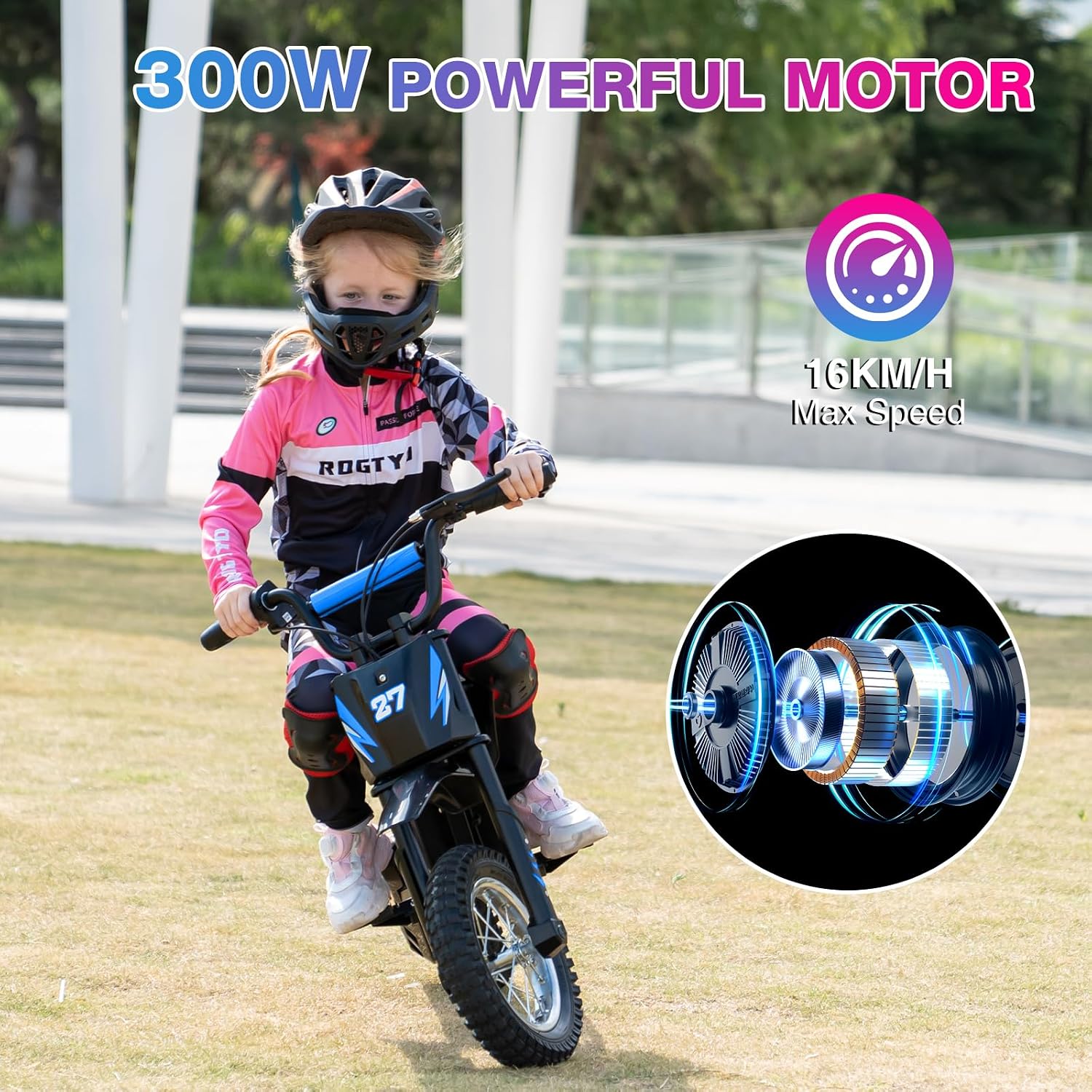 Detalle de RCB R9X Electric Motorcycle Kids (12 inch Pneumatic Tires) – 3 Speed Modes, 10.5 Mile Range, Blue