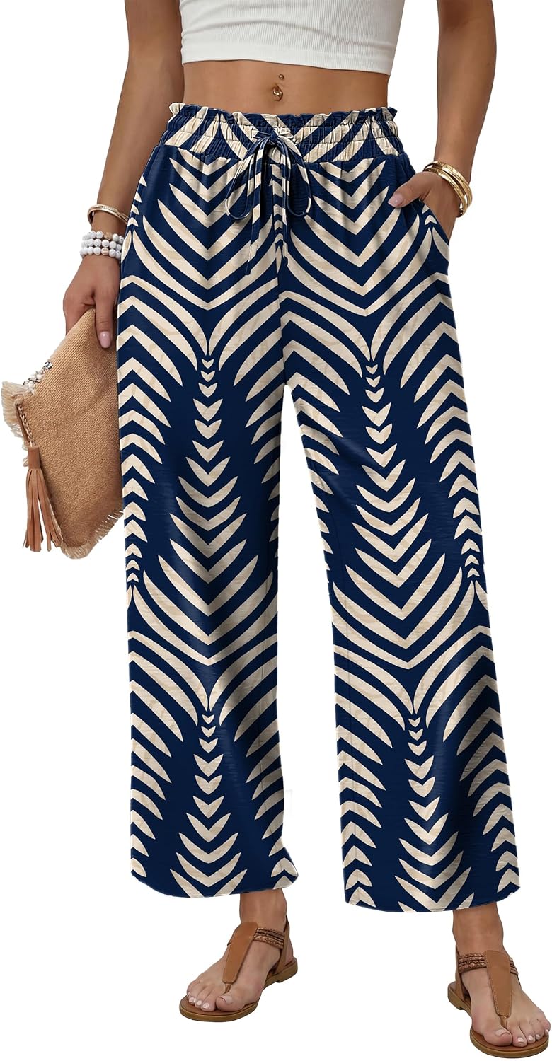 Detalle 2 de WIHOLL Wide Leg Palazzo Pants for Women – Flowy, Drawstring Waist with Pockets