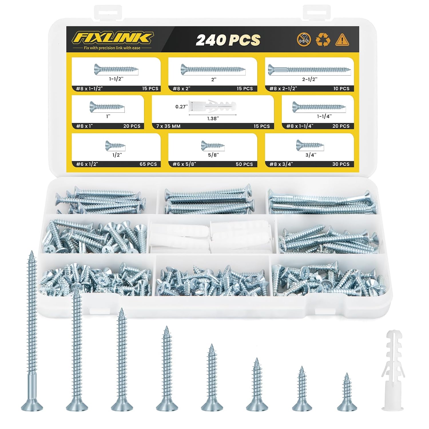 Detalle de FIXLINK 240PCS Wood Screw Assortment Kit, Zinc-Coated, 8 Sizes