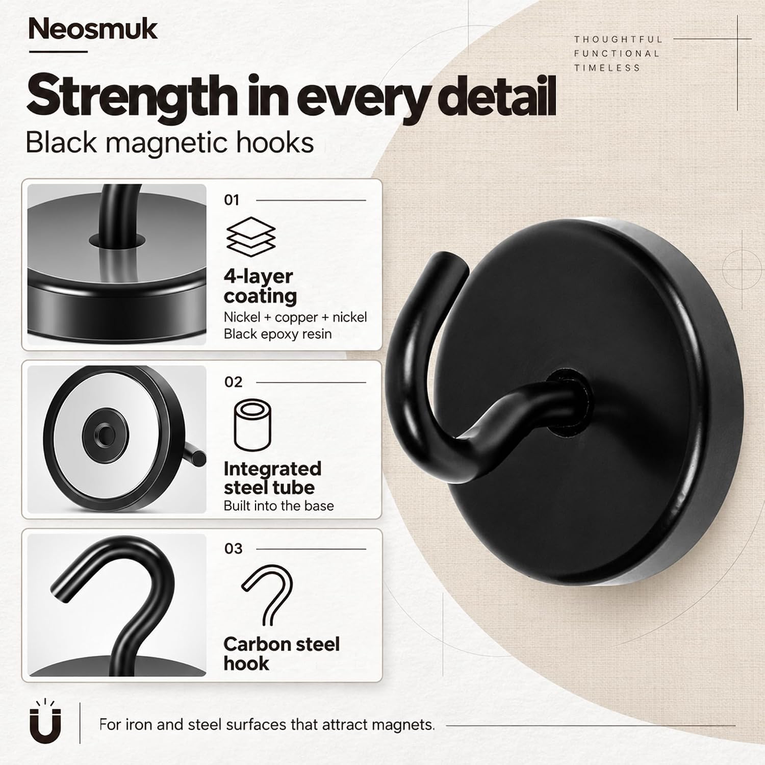 Detalle 1 de Neosmuk Steel Tube Magnetic Hooks, Black 6-Pack for Metal Surfaces