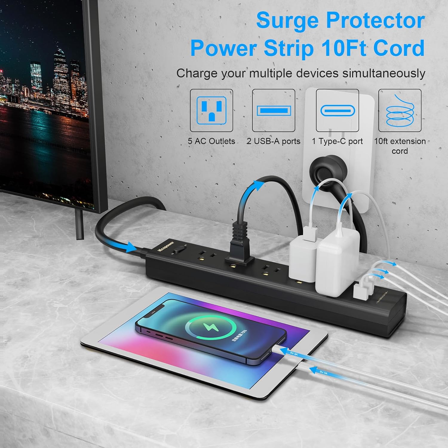 Thumbnail 1 de 10ft 8-in-1 USB Power Strip with 5 Outlets and 3 USB Ports (1 USB-C) – 2-Pack Surge Protector