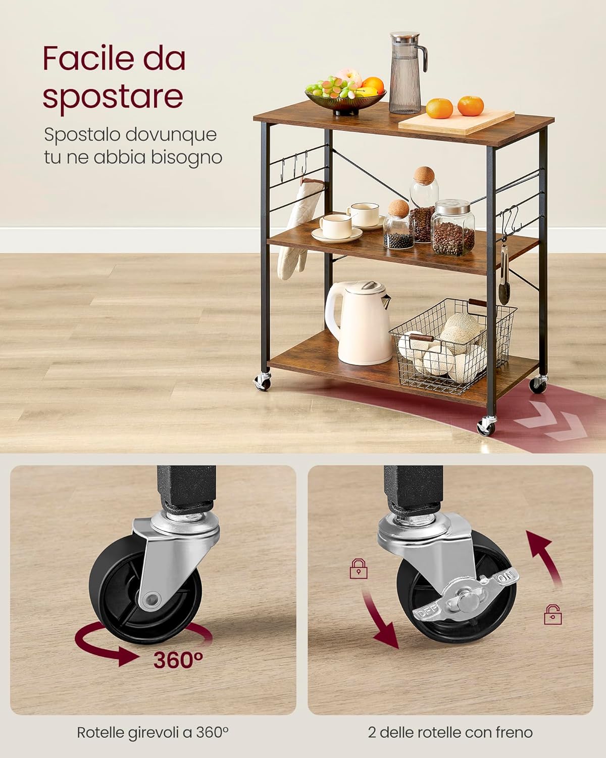 Thumbnail 2 de VASAGLE Carrello da cucina su ruote con 3 ripiani e 6 ganci KKS060B42, 40 x 60 x 89 cm (nero)