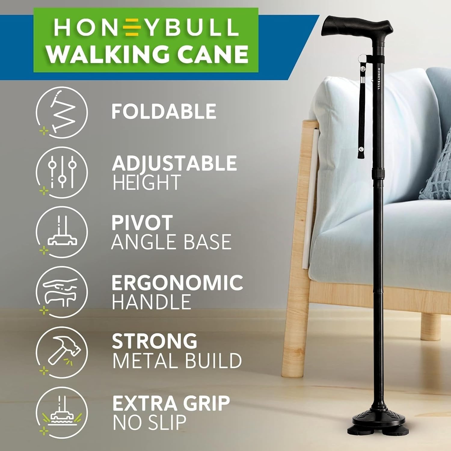 Thumbnail 1 de HONEYBULL Folding Walking Cane: All-Terrain, Adjustable & Heavy-Duty for Seniors and Adults