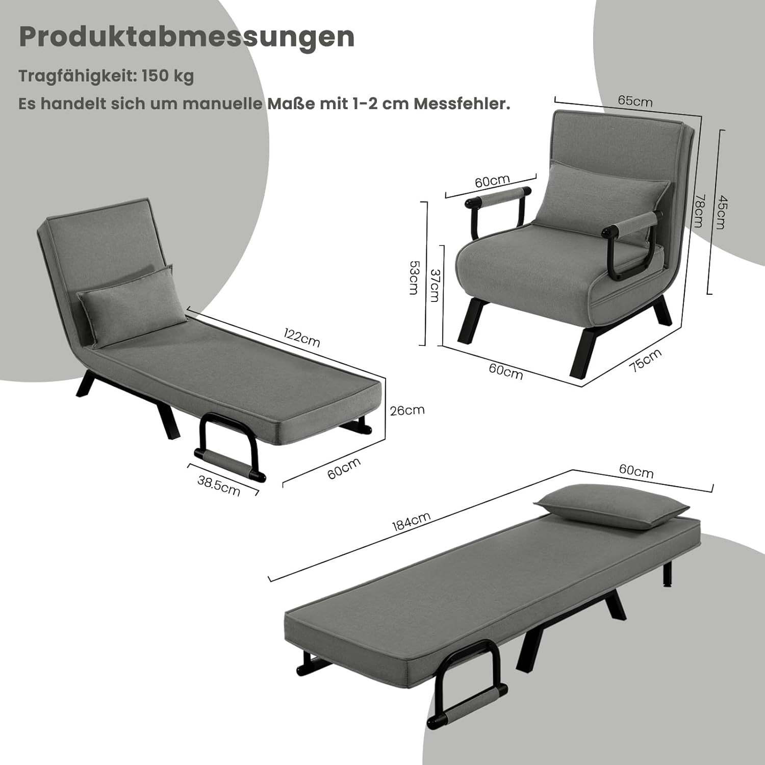 Detalle de WOLTU Schlafsessel 3-in-1 mit Bettfunktion und verstellbarer Rückenlehne (Dunkelgrau)