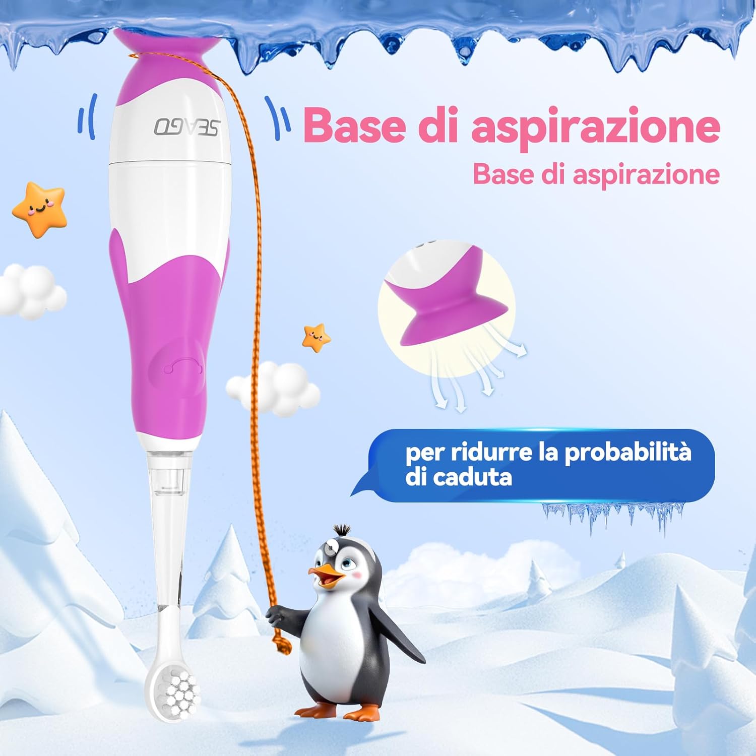 Thumbnail 3 de Seago spazzolino elettrico bambini con timer 2 minuti, luce LED e base aspirante (da 0 a 3 anni)