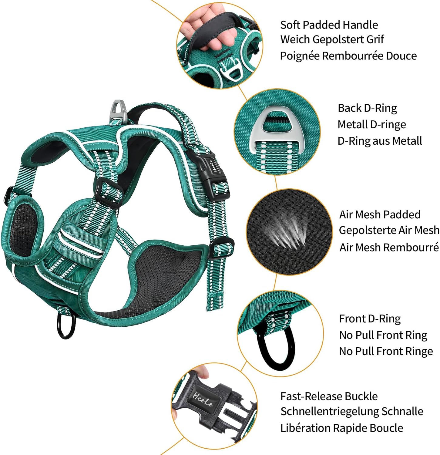 Detalle de HEELE No-Pull Dog Harness for Medium Dogs with Padded Handle – Reflective, Grass Green, Size L