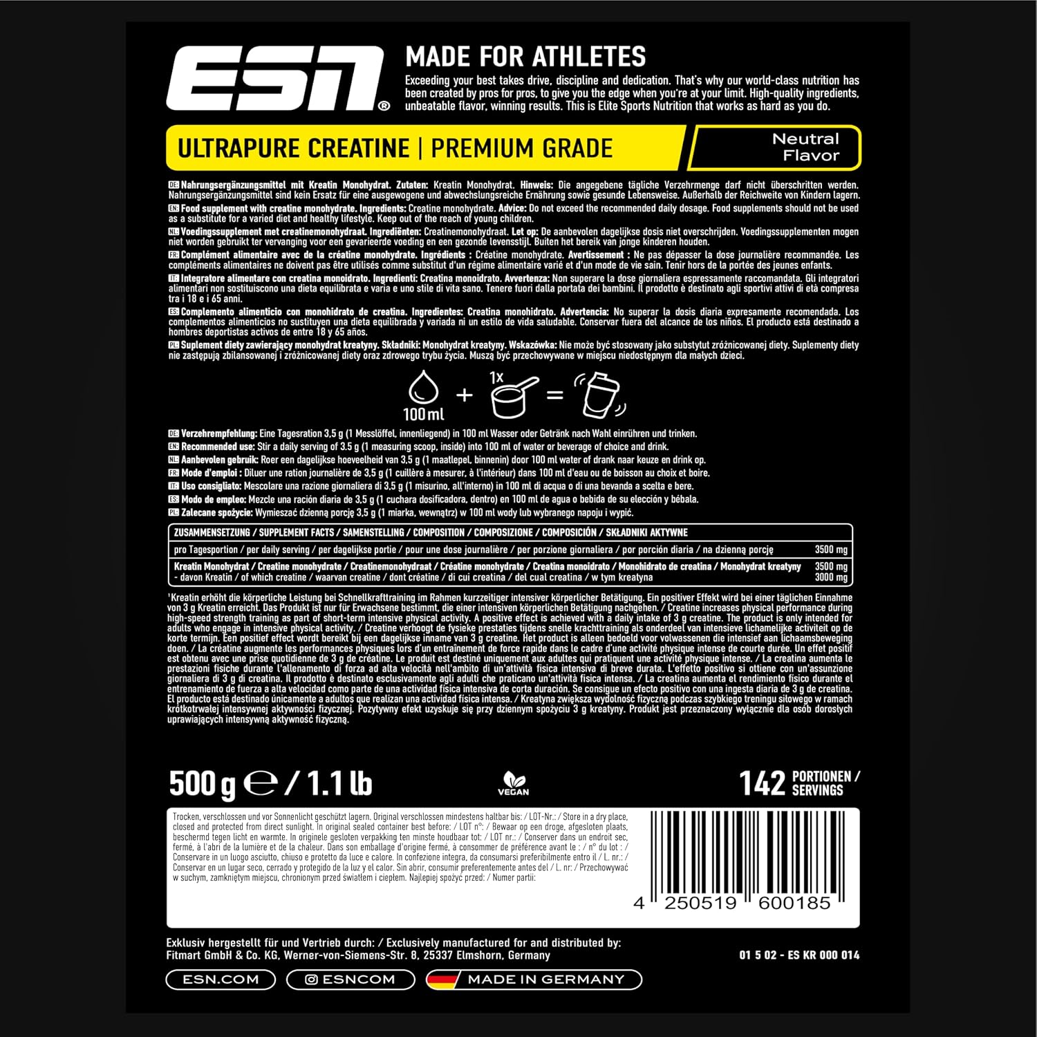 Detalle de ESN Créatine monohydrate ultra pure 500 g (142 portions) – poudre microfine neutre, végétalienne