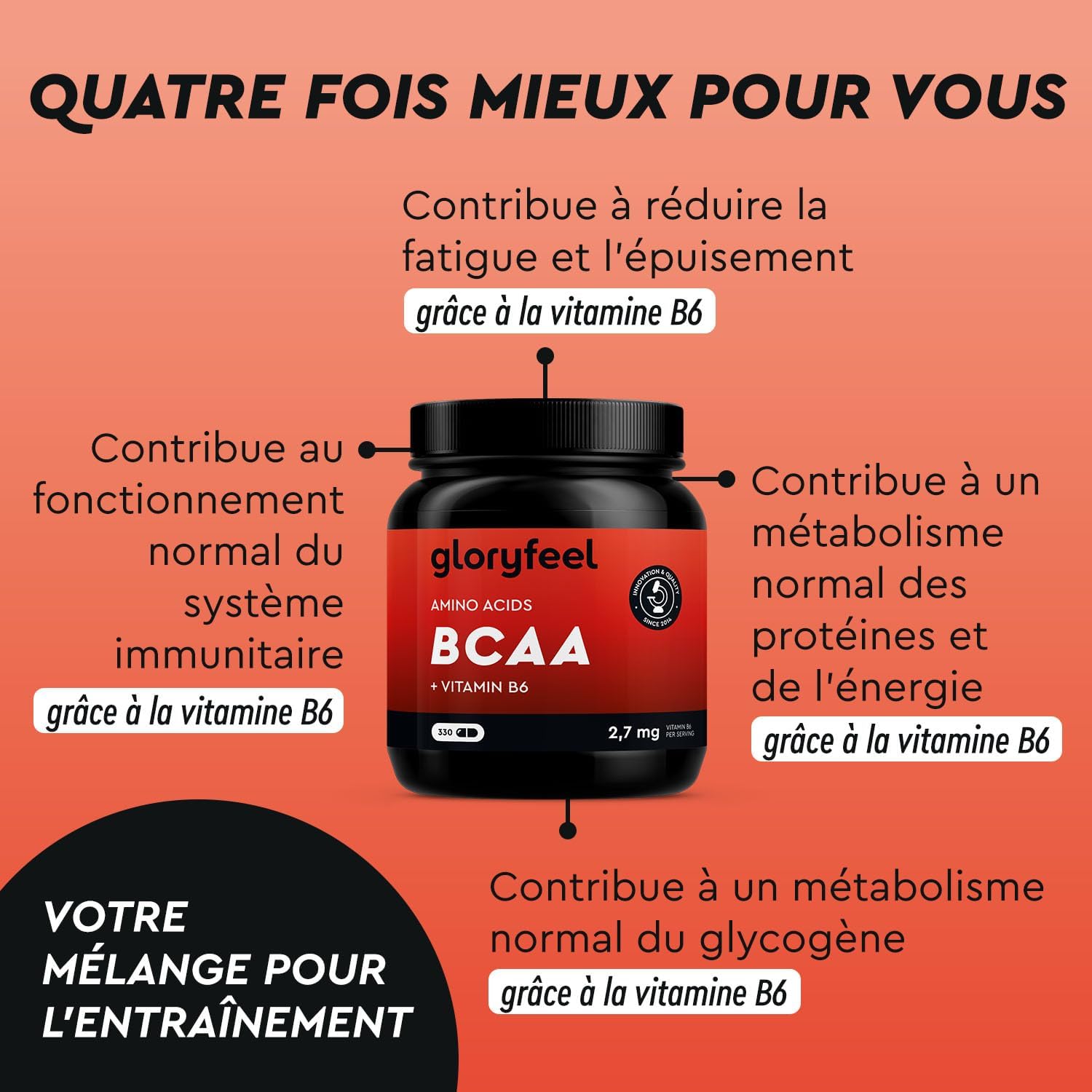 Thumbnail 5 de BCAA GloryFeel 330 capsules – Acides aminés essentiels dosés 2:1:1 avec vitamine B6
