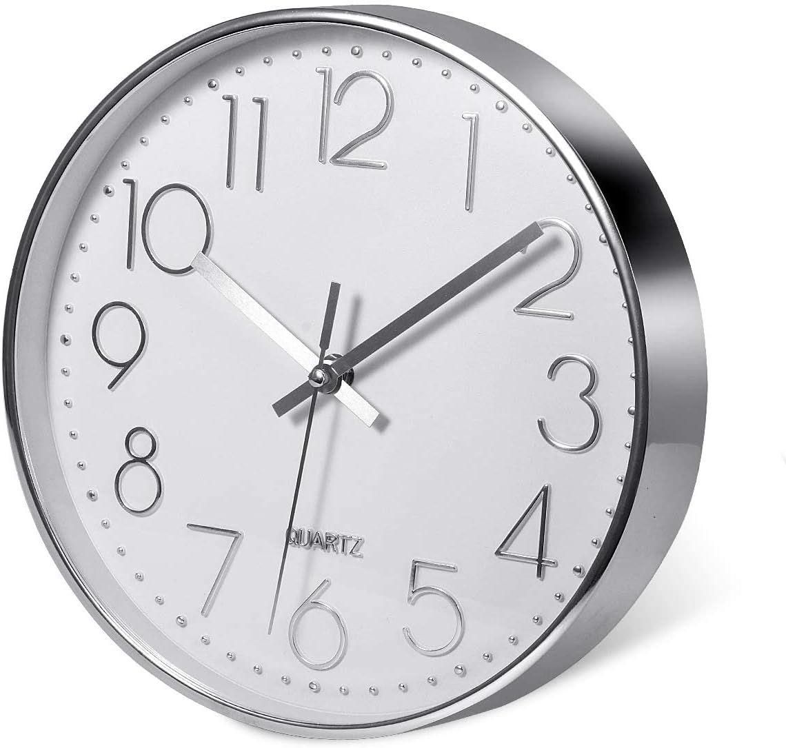 Detalle de Delgeo Modern Silent Wall Clock 25-30cm – Minimalist White/Silver Timepiece for Living Room or Kitchen