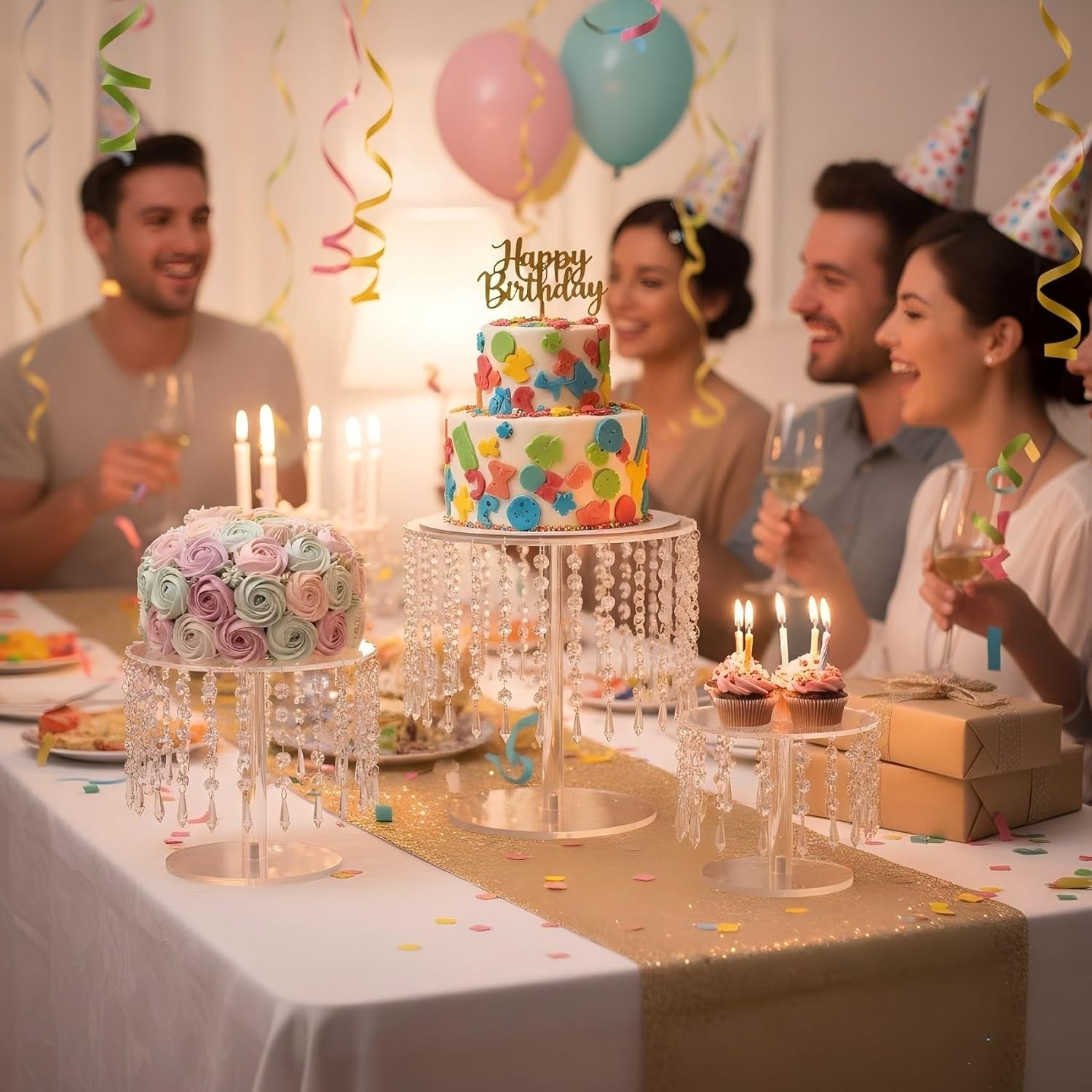 Thumbnail 1 de LANLONG Crystal Cake Stand Set (3 pcs) – Clear Acrylic Round Cake & Cupcake Stands for Weddings, Birthdays & Parties