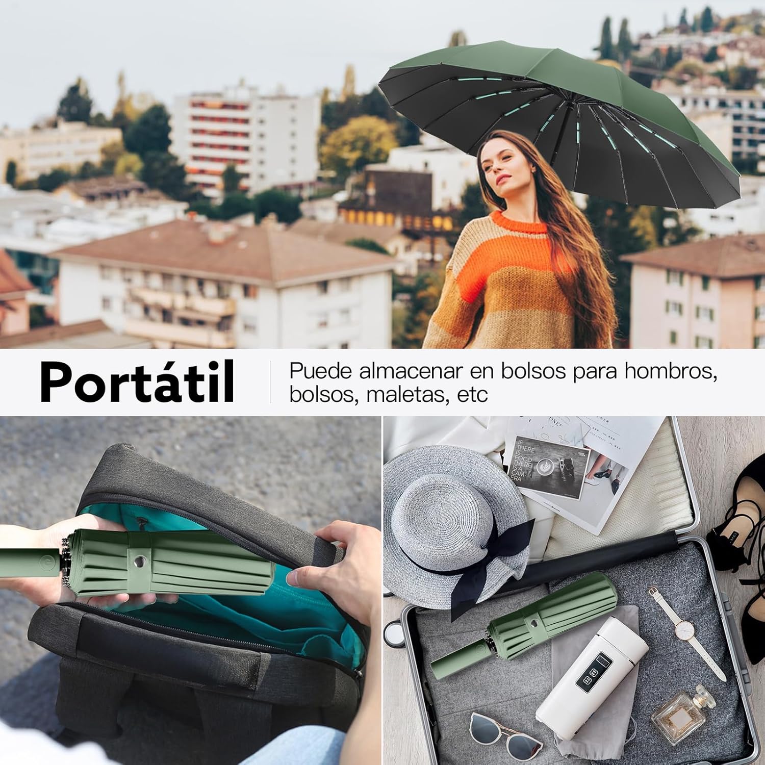 Detalle de LENDOO Paraguas Plegable Automático de 16 Varillas: estabilidad, protección UV y apertura con un toque