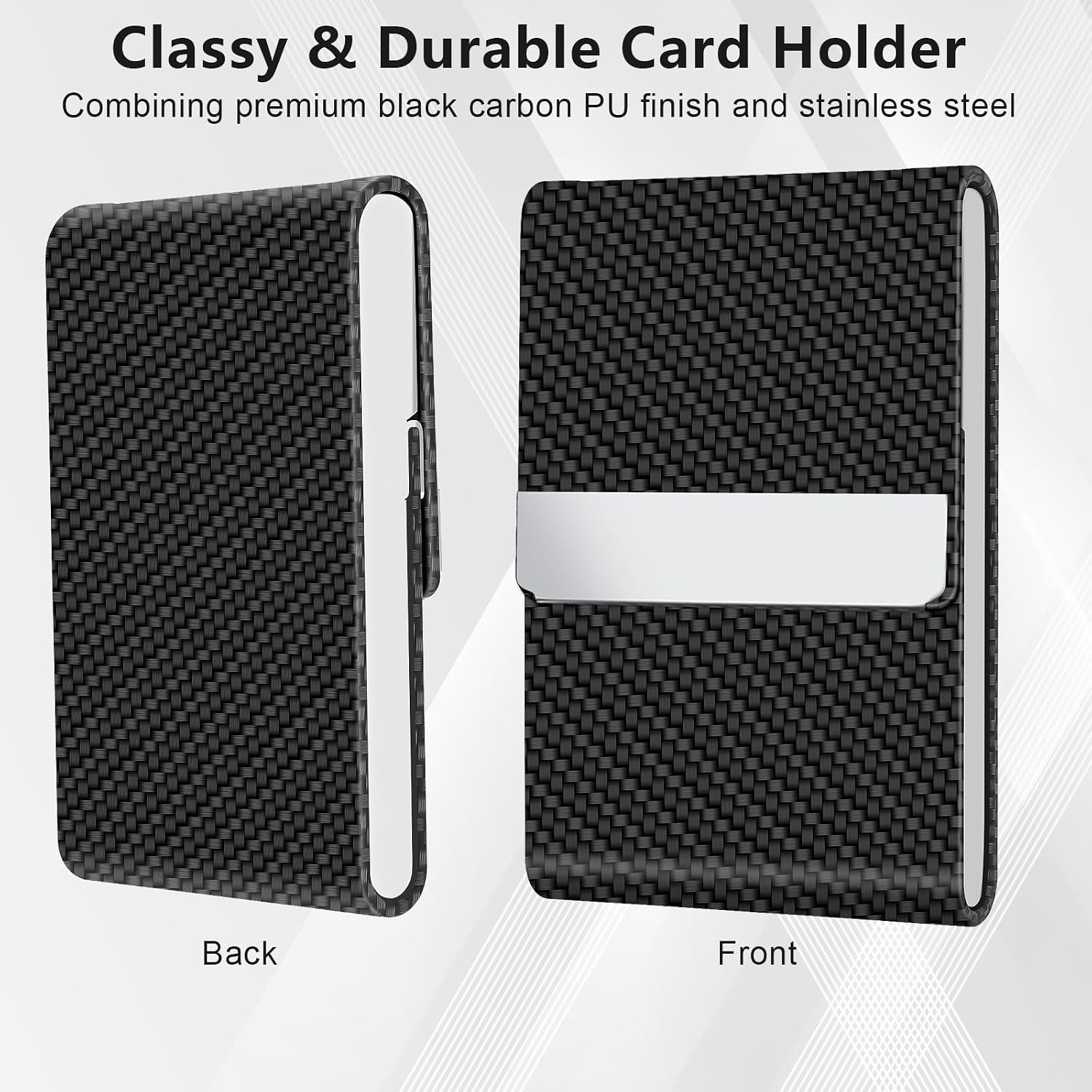 Detalle de BABAWOWO Slim RFID-Blocking Card Holder with PU Leather & Stainless Steel – Black Carbon