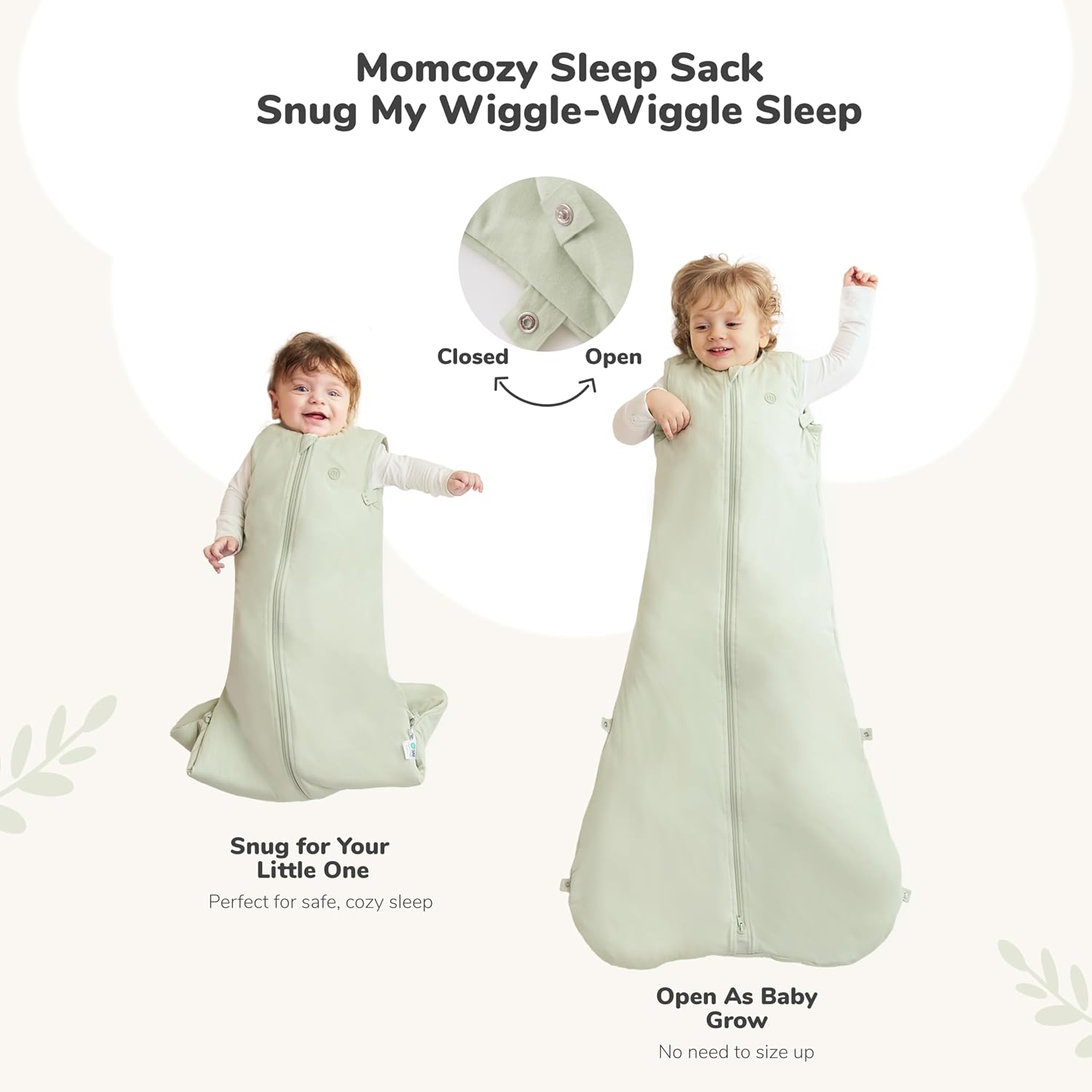 Detalle 1 de momcozy Baby Sleeping Bag 0–6 Months 1.5 TOG Bamboo Green (Snap-fit, Two-Way Zip) – S