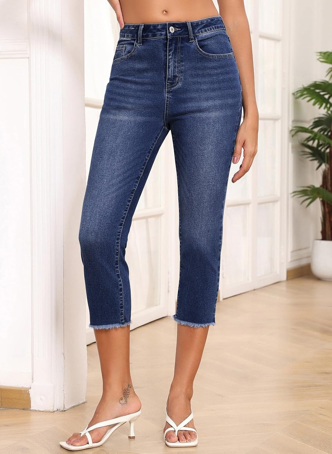 Thumbnail 2 de Sidefeel Women's Capri Jeans High Waisted, Straight Leg with Raw Hem