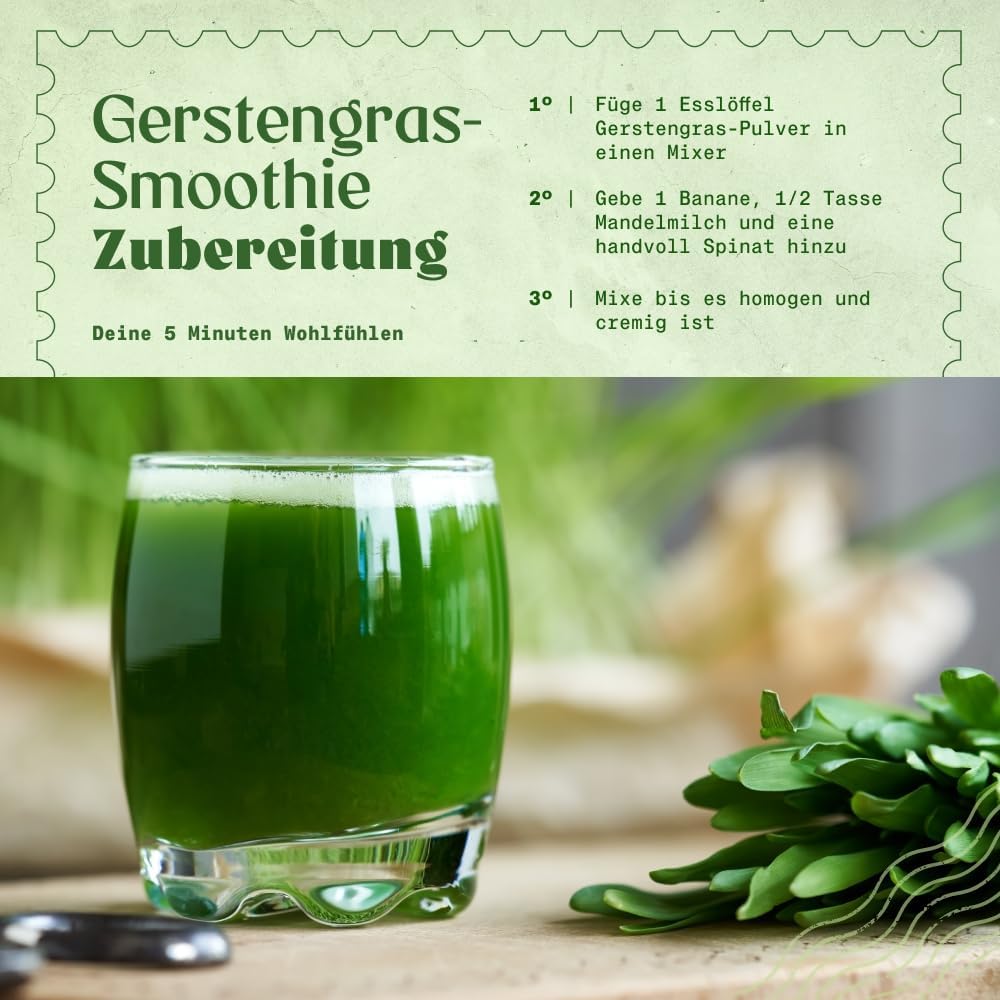 Detalle 2 de NaturaleBio Gerstengras Pulver 200 g – Bio für Gerstengrassaft, Smoothies & Joghurt