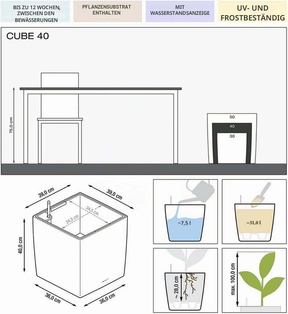 Detalle de Lechuza Cube 40 Komplettset Taupe Hochglanz – Komplettlösung für stilvolle Zimmerpflanzen