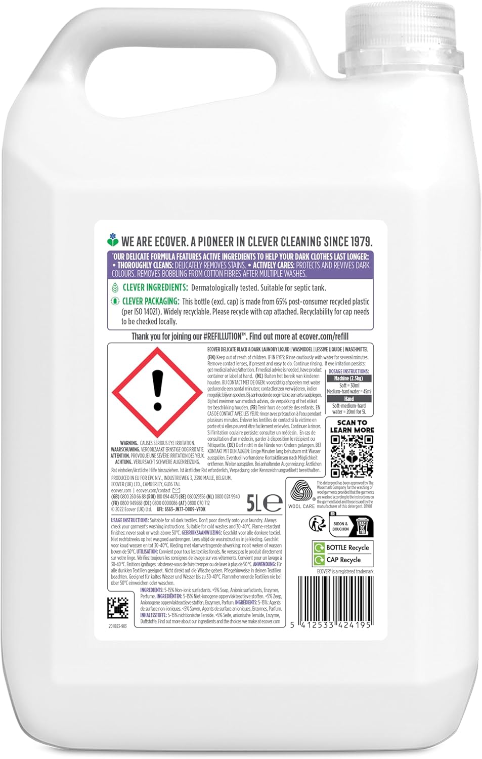 Detalle de Ecover Flüssigwaschmittel Nachfüllpack für schwarze und dunkle Wäsche – Limetten- und Lotusduft, 111 Waschgänge, 5L