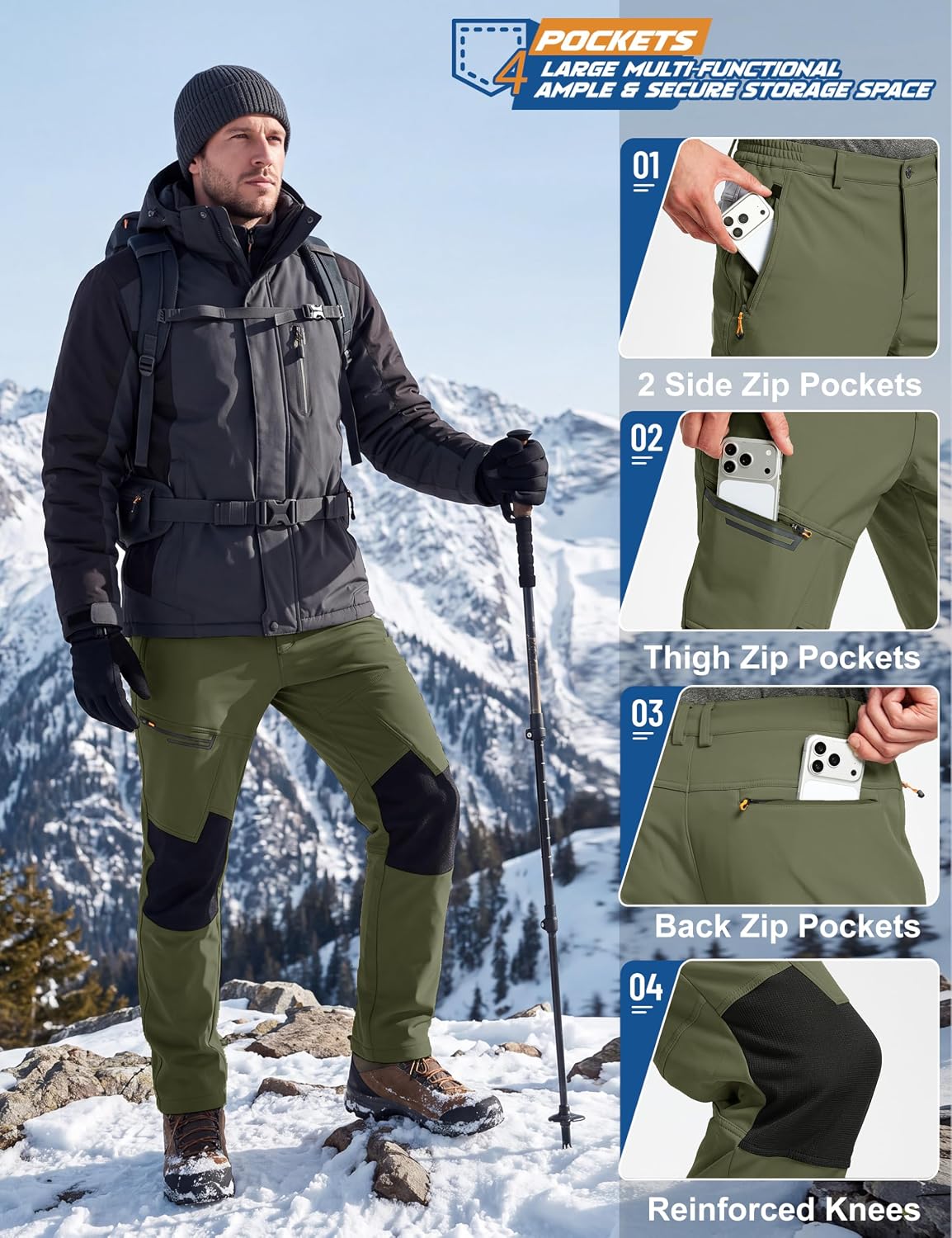 Detalle 2 de TACVASEN Men's Fleece-Lined Snow Pants, Waterproof Softshell, 4 Zip Pockets