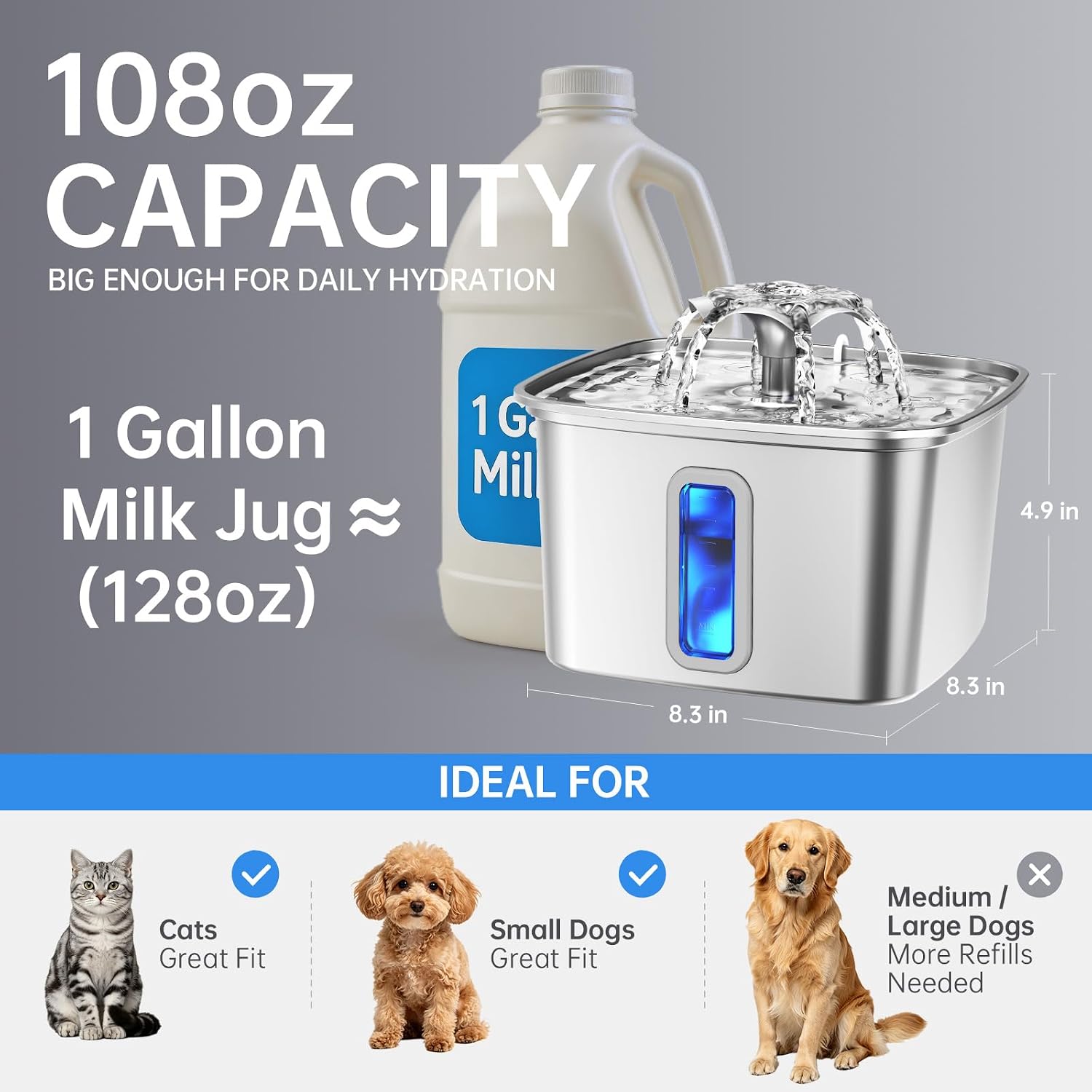 Thumbnail 3 de Veken Stainless Steel Pet Fountain 108oz 🐾