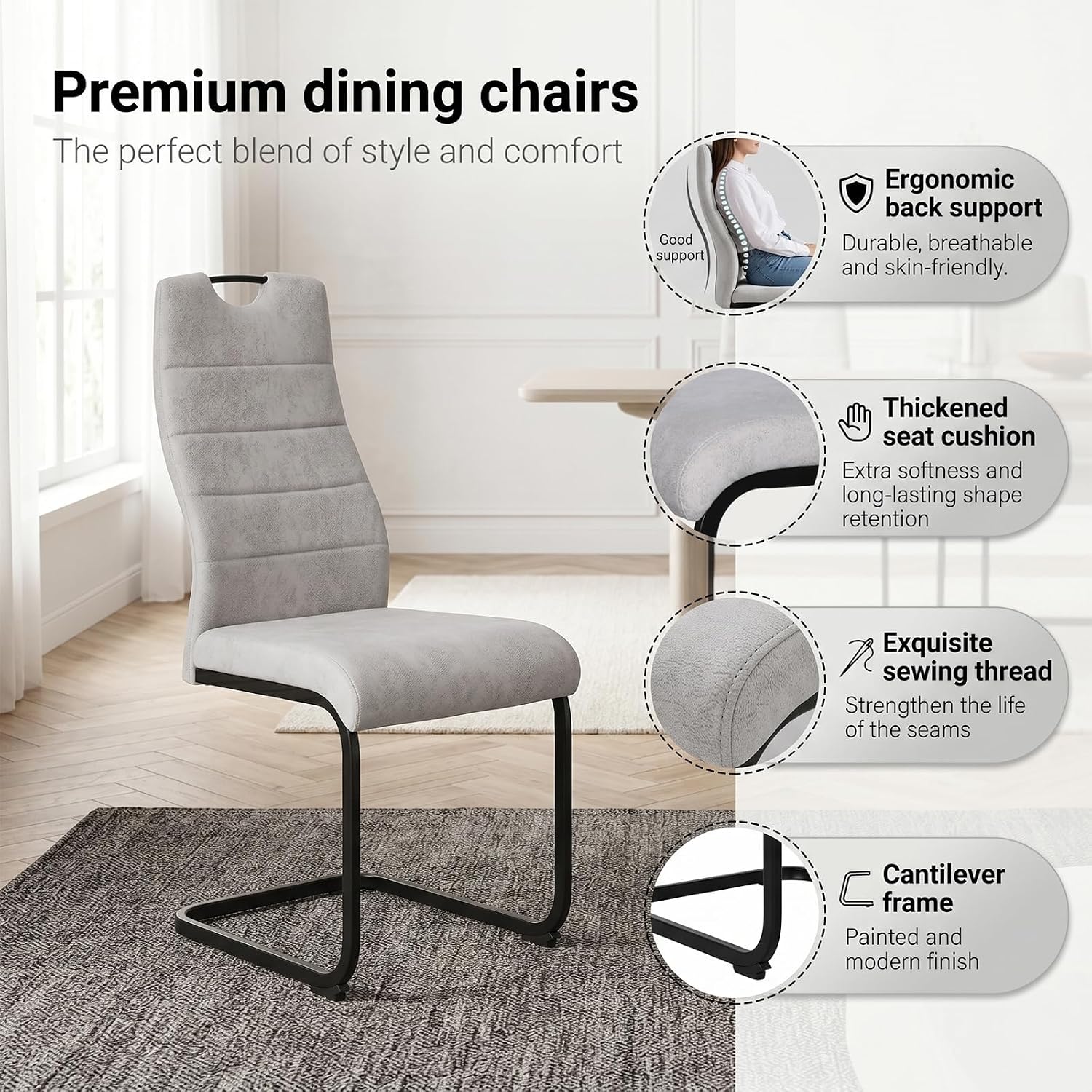 Detalle de JIEXI NC181 cantilever eetkamerstoelen, set van 4 met grijze stof en zwart frame