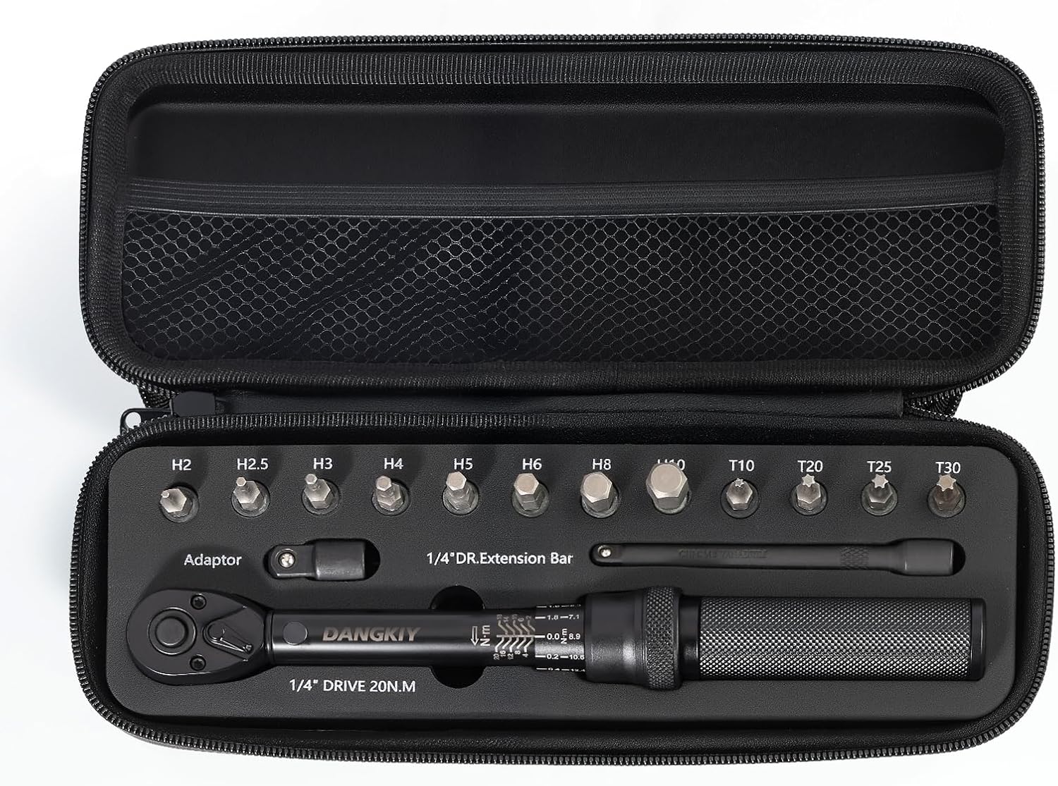 Detalle de DANGKIY Drehmomentschlüssel Fahrrad 1/4 Zoll – 15-teiliges Set mit Innensechskant, Torx Bits und Verlängerungsstange (2–20 Nm)