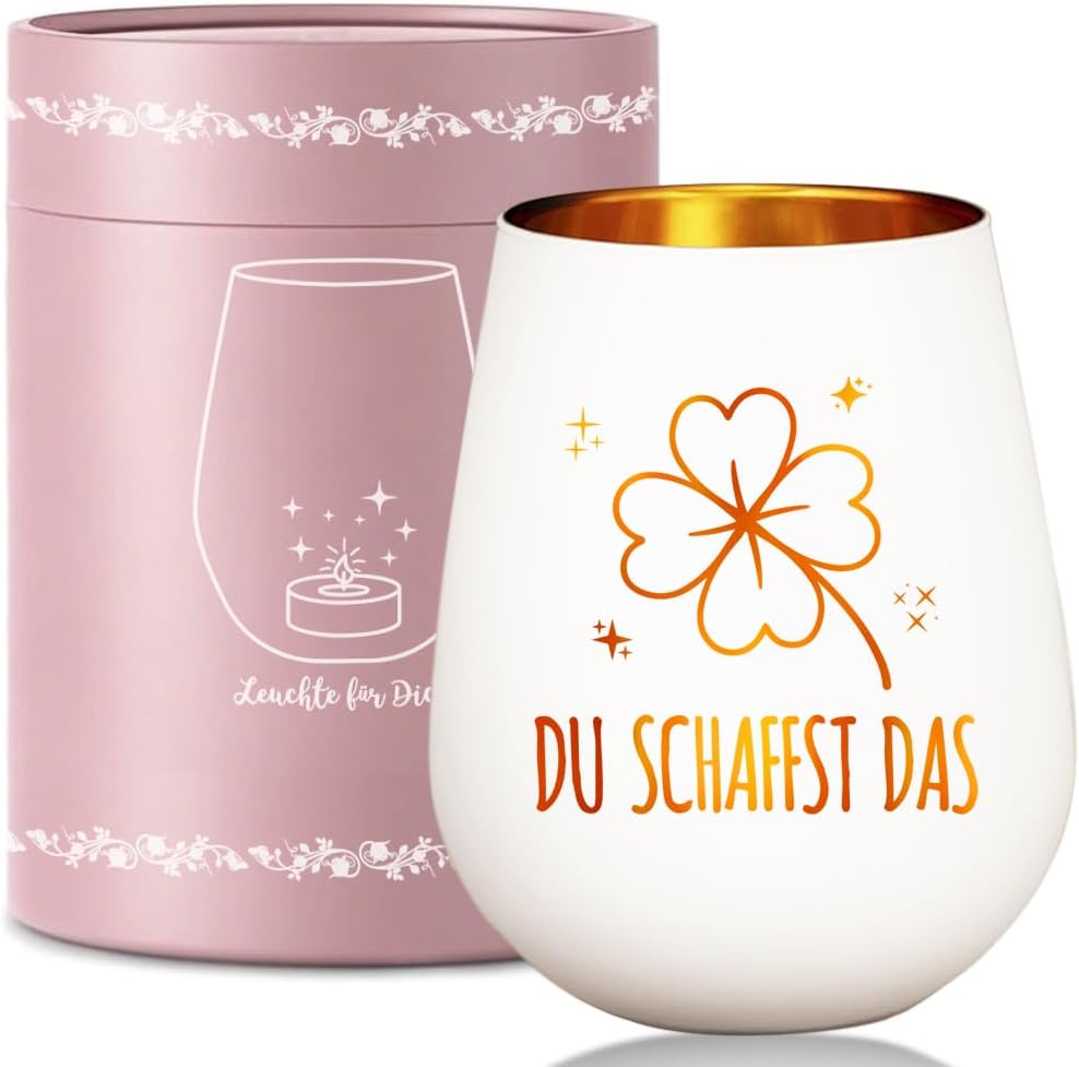 Detalle de Windlicht mit Kleeblatt Gravur & „Du schaffst das“ von LOZACHE – Mutmacher-Glas mit Glückssymbol