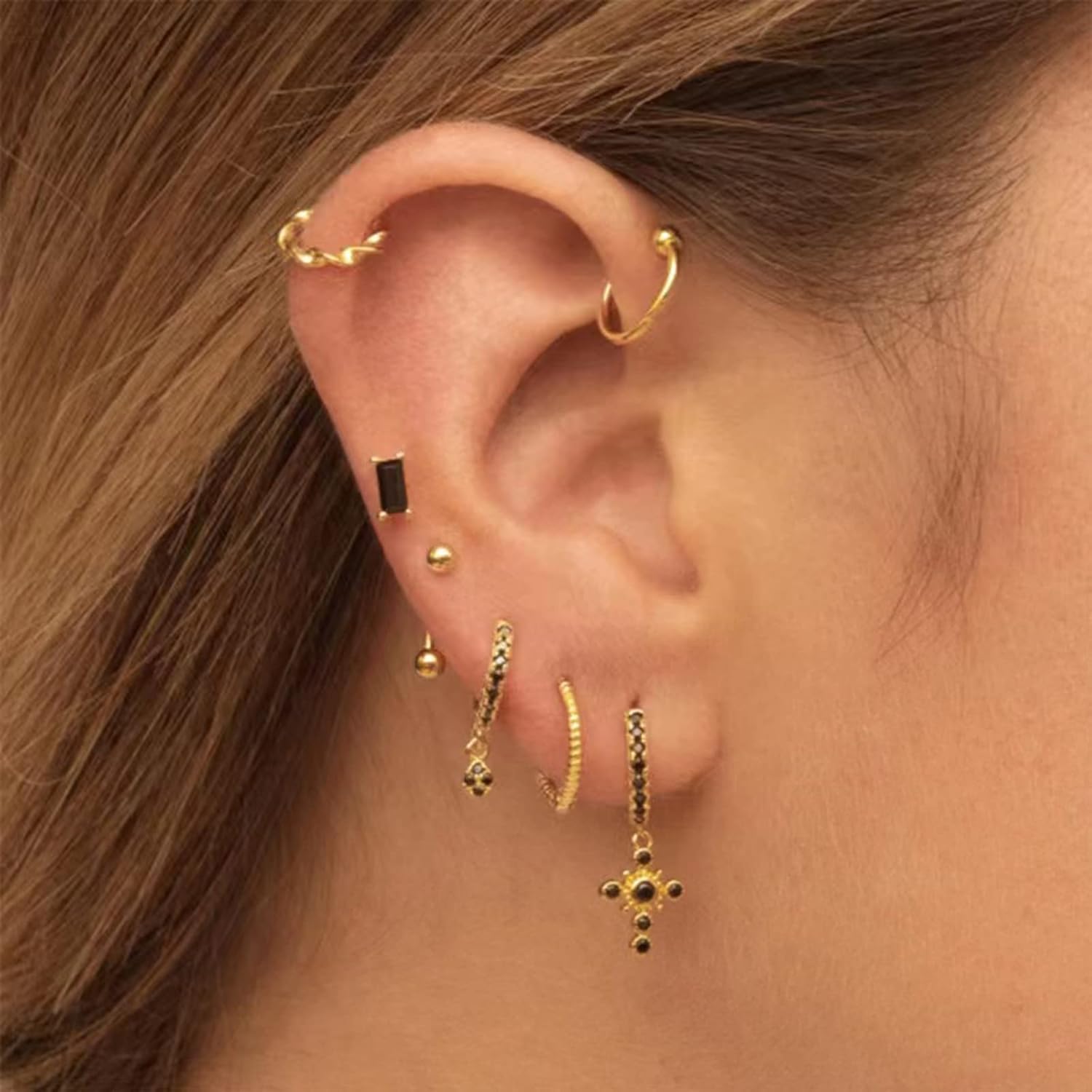 Thumbnail 3 de Orecchini a cerchio con pendenti oro 14K (2 paia) per donna, bambina e uomo