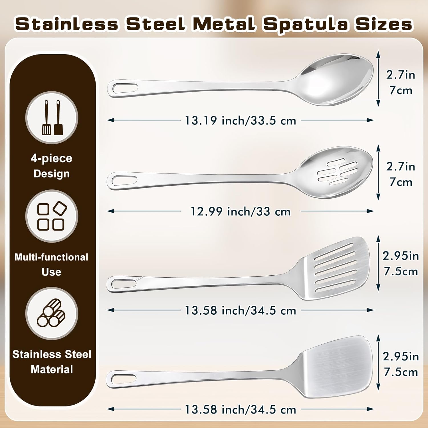 Thumbnail 6 de 4-Piece Stainless Steel Cooking Utensils Set (Solid & Slotted Turner, Wok Spatula, Serving Spoon)