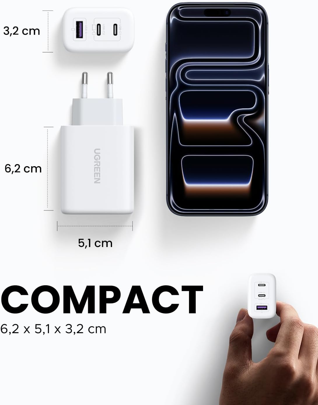 Detalle 2 de UGREEN 65W USB-C-lader met 3 poorten, 2 USB-C en 1 USB-A